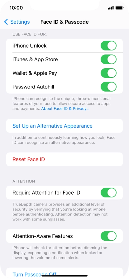 Press the indicators next to the required settings to turn them on or off.