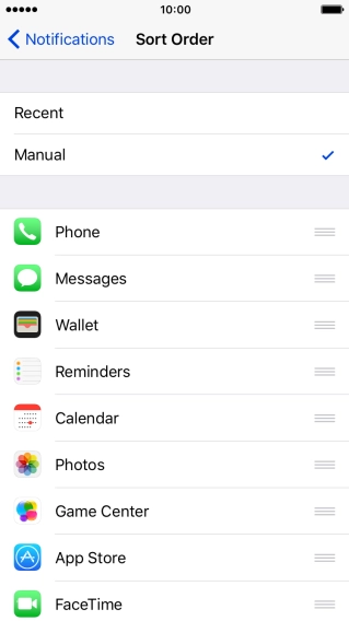 To sort notifications manually, press the organise icon next to the required menu item and drag it to the required position on the list.