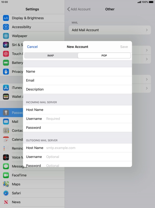 Press Username and key in the username for your email account.