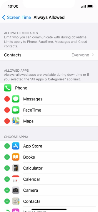 Press the add icon next to the required app to add it to the list of allowed apps during Downtime.