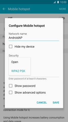 Press WPA2 PSK to password protect your Wi-Fi hotspot. Press WPA2 PSK to password protect your Wi-Fi hotspot.
