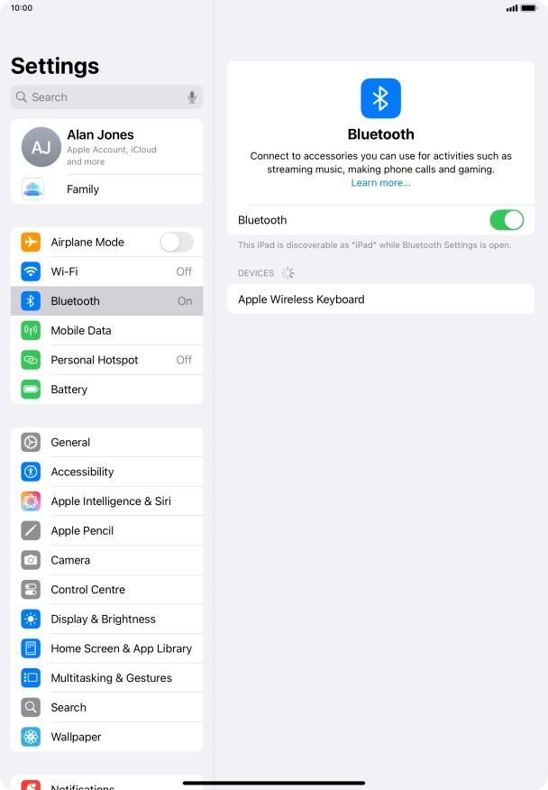 Press the required Bluetooth device and follow the instructions on the screen to pair the device with your tablet. Press the required Bluetooth device and follow the instructions on the screen to pair the device with your tablet.