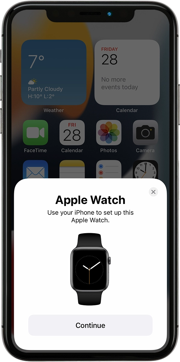 On your phone: Press Continue and follow the instructions on your phone to place the watch face in the middle of your phone's camera viewfinder.