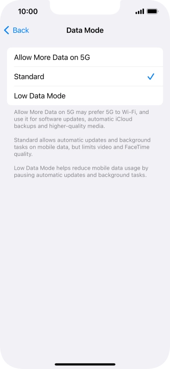 Press the required setting.