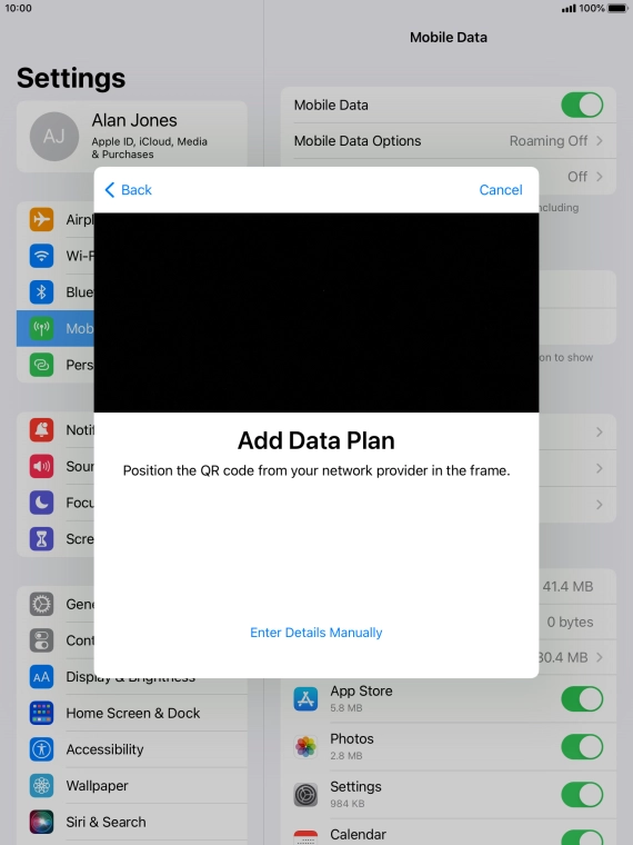 Place the QR code you've received inside the tablet camera frame to scan the code.