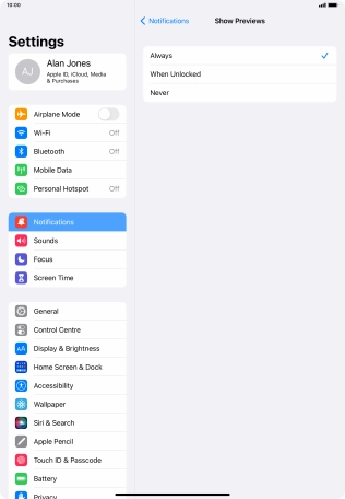 To select notification preview on the lock screen, press Always.
