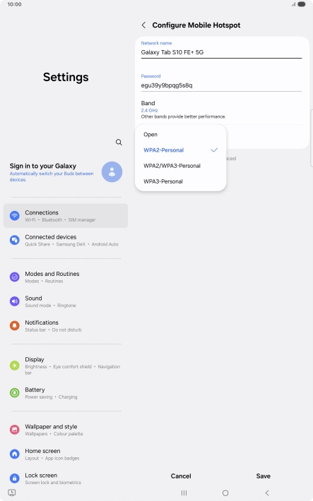 Press WPA3-Personal to password protect your Wi-Fi hotspot.