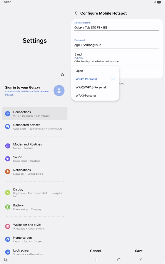 Press WPA3-Personal to password protect your Wi-Fi hotspot.