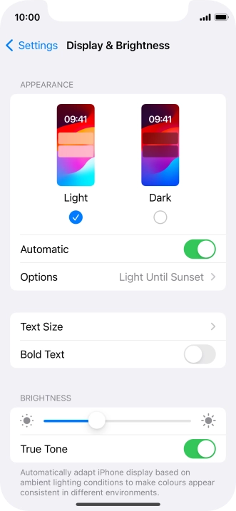 If you turn on the function, press Options and follow the instructions on the screen to select the required period of time for Dark Mode.