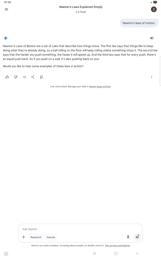 Transcription of the conversation with Gemini Live is now displayed.