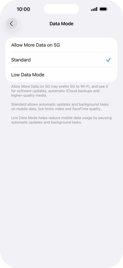 Press the required setting. Press the required setting.