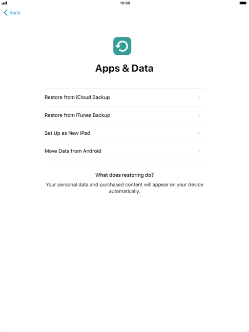 You can restore content from an iCloud backup when your tablet is activated for the first time and after a factory reset. When this screen is displayed, your tablet is ready to restore content from an iCloud backup.