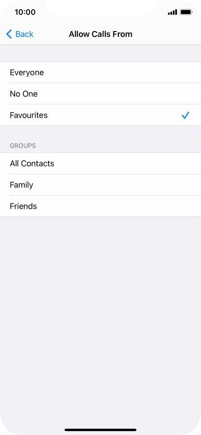 Press the required setting to select which contacts can call you even though Do Not Disturb is turned on. Press the required setting to select which contacts can call you even though Do Not Disturb is turned on.