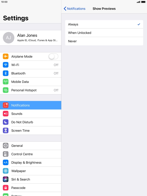 To select notification preview on the lock screen, press Always.
