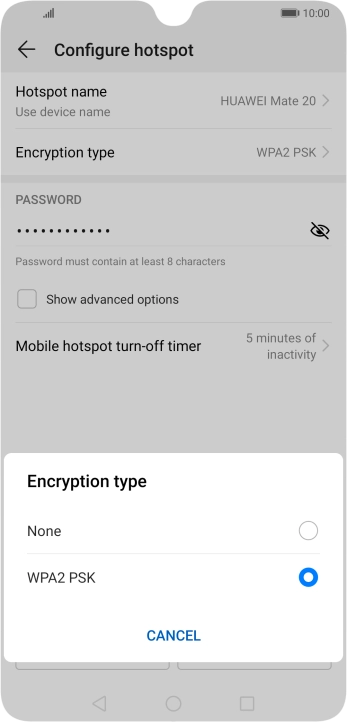 Press WPA2 PSK to password protect your Wi-Fi hotspot.