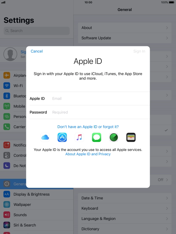 If you don t have an Apple ID, press Don't have an Apple ID or forgot it? and follow the instructions on the screen to create an Apple ID. If you don t have an Apple ID, press Don't have an Apple ID or forgot it? and follow the instructions on the screen to create an Apple ID.
