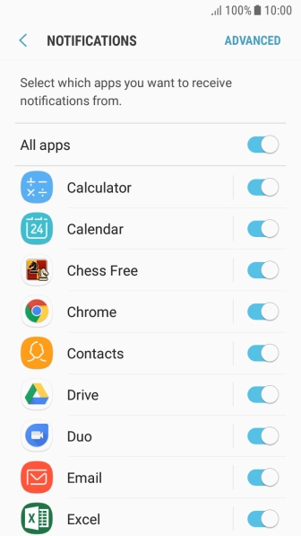Press the indicator next to the required app to turn the function on or off.