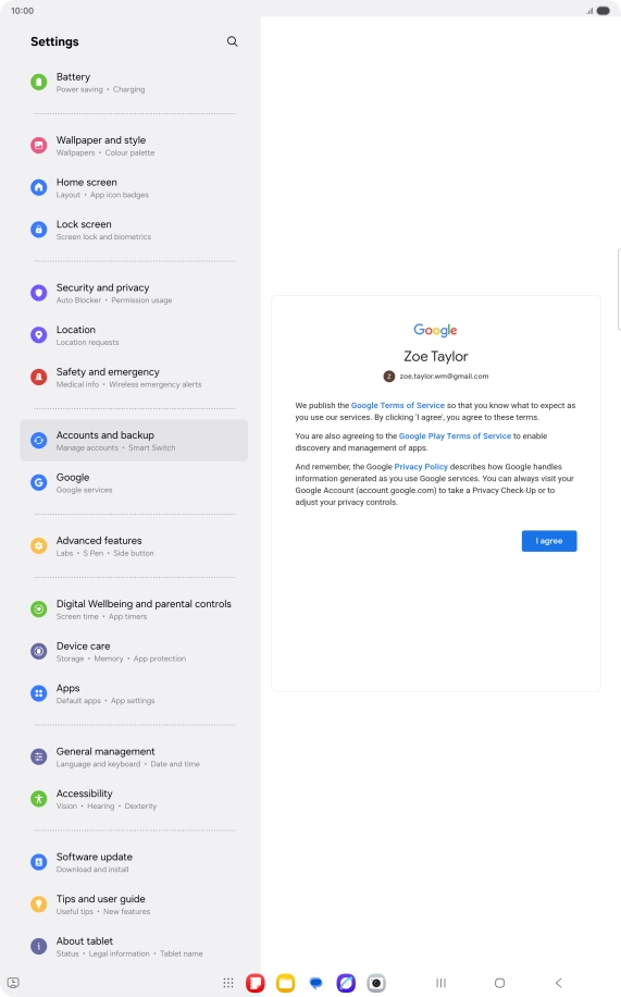 Press I agree and follow the instructions on the screen to select settings for your Google account.