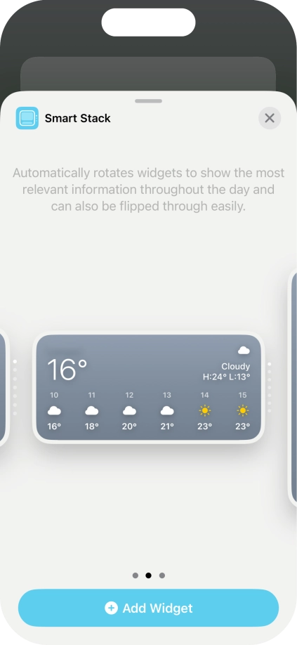 Slide your finger right or left on the screen to select the required widget size.