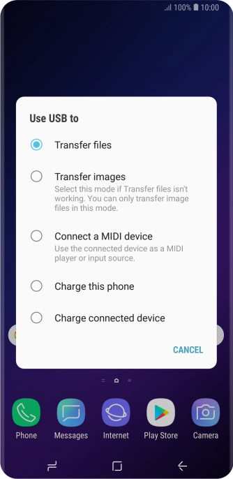 Press Transfer files to turn on the function. Press Transfer files to turn on the function.