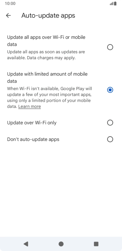 To turn on automatic update of apps using mobile network, press Update all apps over Wi-Fi or mobile data.
