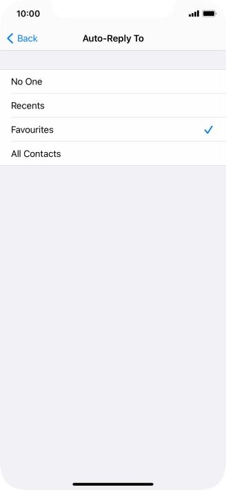 Press the required setting to select which contacts should automatically be notified that Do Not Disturb While Driving is turned on.