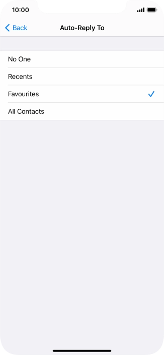 Press the required setting to select which contacts should automatically be notified that Do Not Disturb While Driving is turned on. Press the required setting to select which contacts should automatically be notified that Do Not Disturb While Driving is turned on.