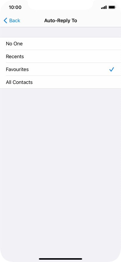 Press the required setting to select which contacts should automatically be notified that Do Not Disturb While Driving is turned on. Press the required setting to select which contacts should automatically be notified that Do Not Disturb While Driving is turned on.