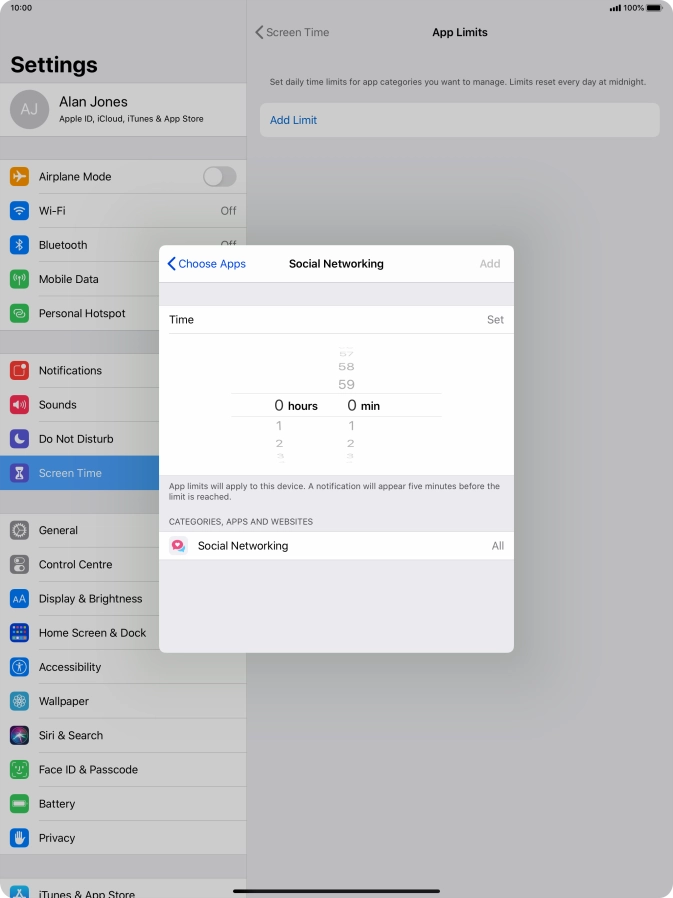 Set the required time limit for use of the selected category.