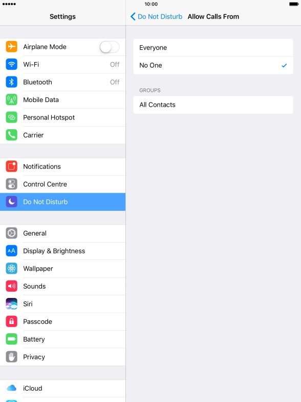 Press the required setting to select which contacts can call you even though Do Not Disturb is turned on.