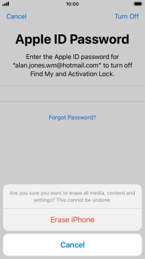 Key in the password for your Apple ID and press Erase iPhone. Wait a moment while the factory default settings are restored. Follow the instructions on the screen to set up your phone and prepare it for use.