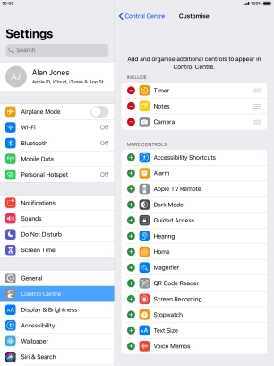 Press the delete icon next to the required function to remove it from Control Centre.