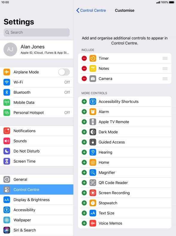 Press the delete icon next to the required function to remove it from Control Centre.