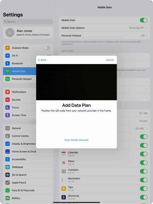 Place the QR code you've received inside the tablet camera frame to scan the code.