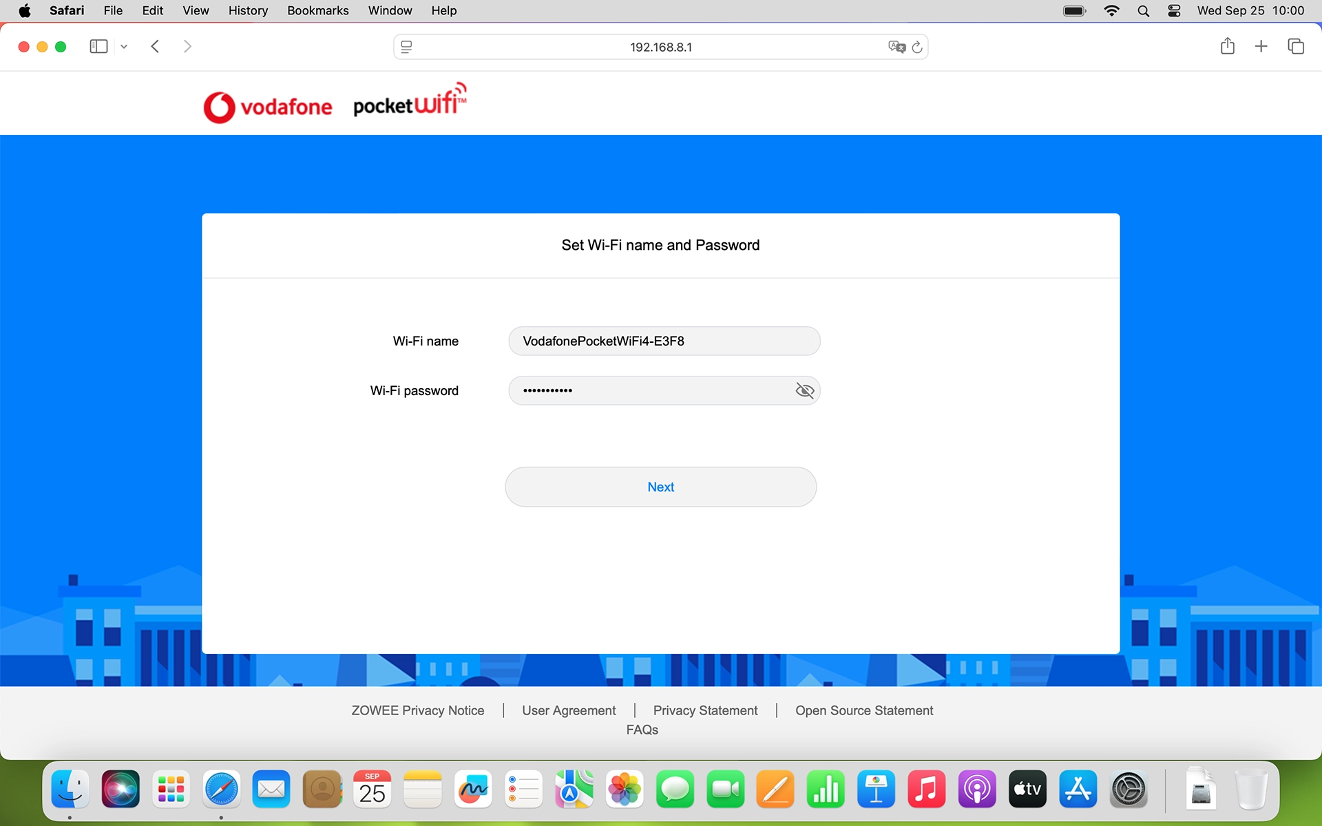 Follow the instructions on the screen to change name and password for your router's Wi-Fi hotspot.