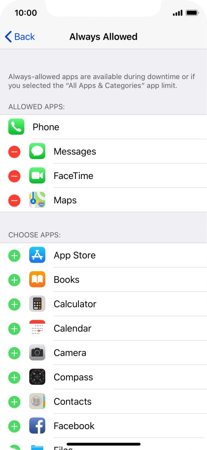 Press the add icon next to the required app to add it to the list of allowed apps during Downtime.