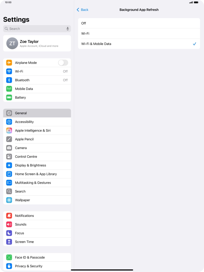 To turn off background refresh of apps, press Off.