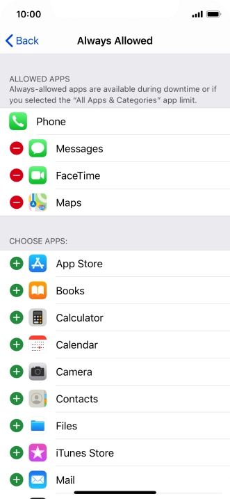 Press the add icon next to the required app to add it to the list of allowed apps during Downtime.