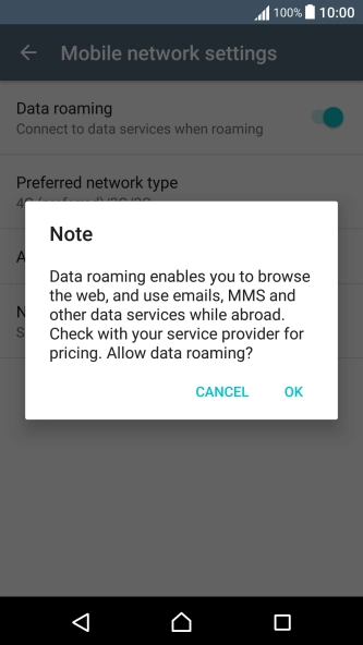 If you turn on data roaming, press OK. If you turn on data roaming, press OK.