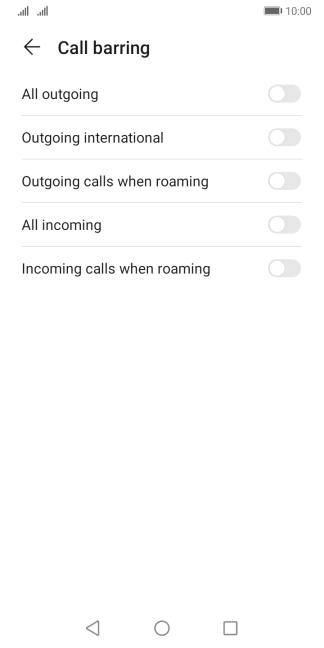 Press the indicator next to the required barring type to turn the function on or off.