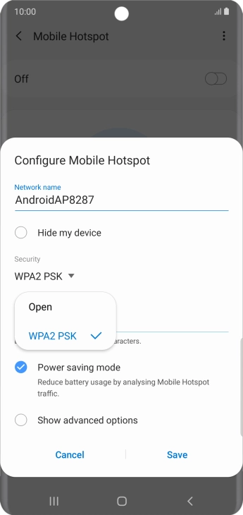 Press WPA2 PSK to password protect your Wi-Fi hotspot.