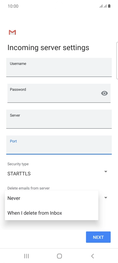 Press Never to keep email messages on the server when you delete them on your phone.