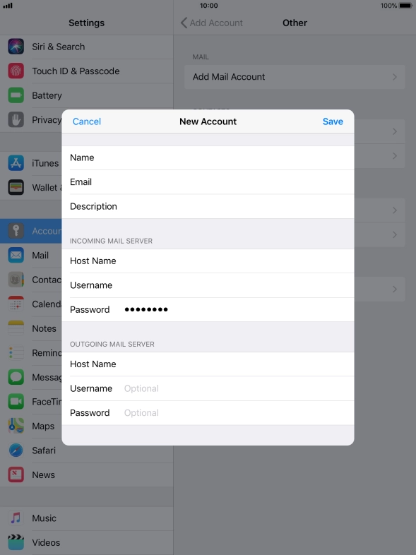 Press Username and key in the username for your email account. Please note that if you're using Vodafone's outgoing server, leave the username field empty.
