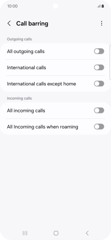 Press the indicator next to the required barring type to turn the function on or off.