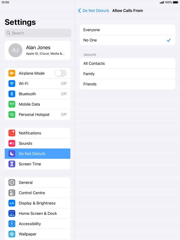 Press the required setting to select which contacts can call you even though Do Not Disturb is turned on.