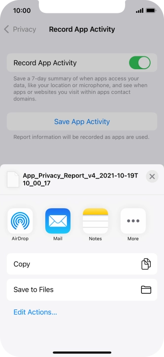 Press the required setting and follow the instructions on the screen to share or save the app activity report.