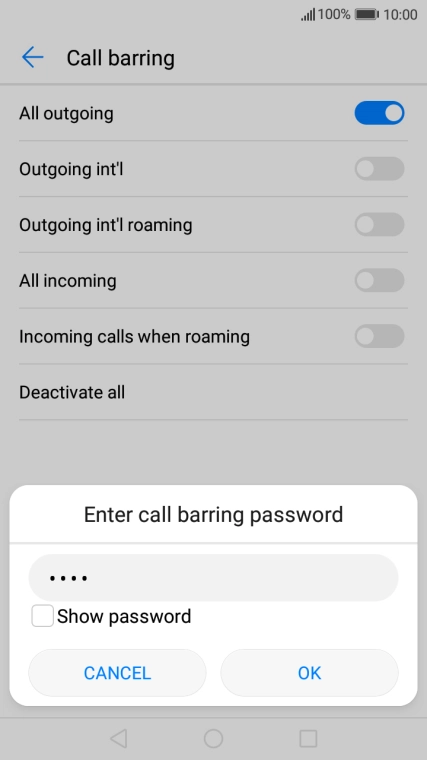 Key in your barring password and press OK. The default barring password is 0000.