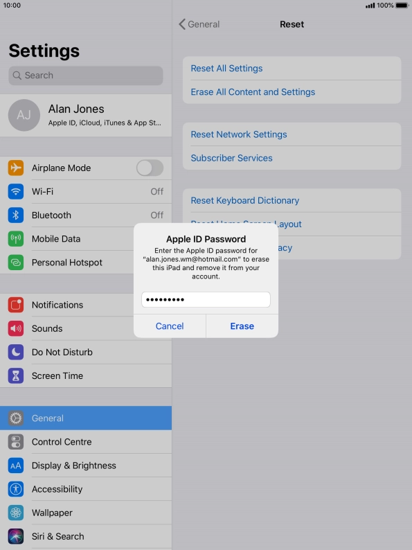 Key in the password for your Apple ID and press Erase. Wait a moment while the factory default settings are restored. Follow the instructions on the screen to set up your tablet and prepare it for use.