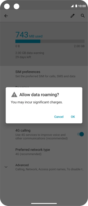 If you turn on data roaming, press OK.