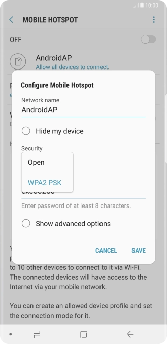 Press WPA2 PSK to password protect your Wi-Fi hotspot.